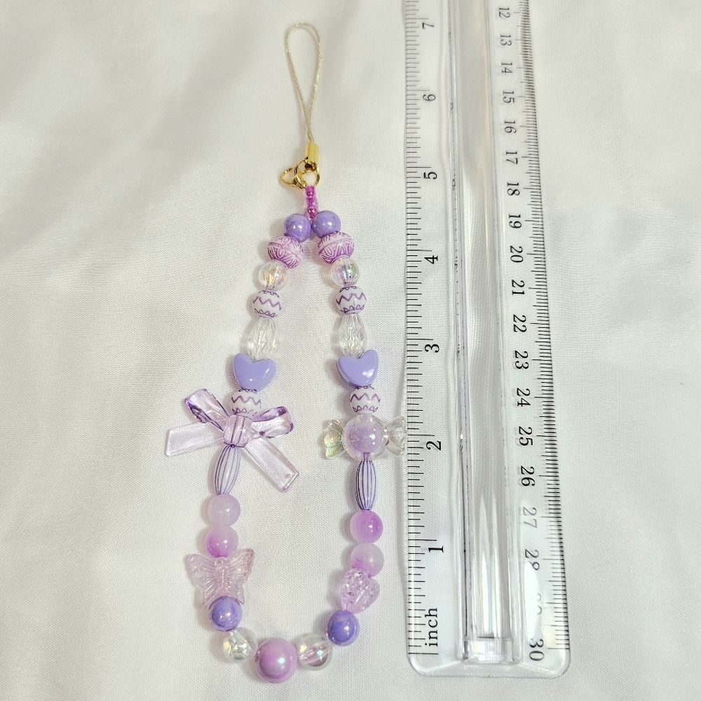 Set of Purple Lilac Lavander Beaded Phone Charm, Keychain, Badge, Purse Charm - Picture 5 of 6